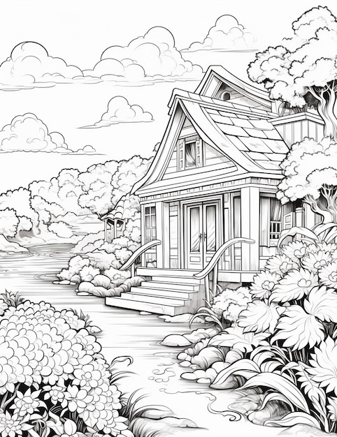 un dessin en noir et blanc d'une maison dans les bois