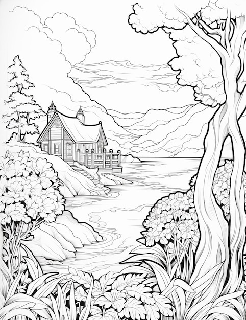 un dessin en noir et blanc d'une maison dans une forêt générative ai