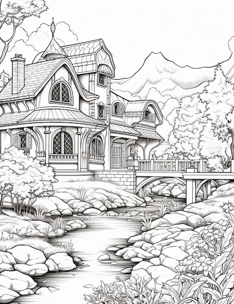 un dessin en noir et blanc d'une maison dans une forêt générative ai