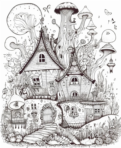 Un dessin en noir et blanc d'une maison avec une maison champignon sur le dessus.