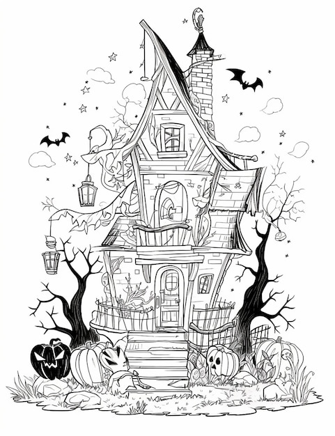 Un dessin en noir et blanc d'une maison avec un thème d'Halloween