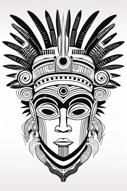 un dessin en noir et blanc d'un masque amérindien ai génératif