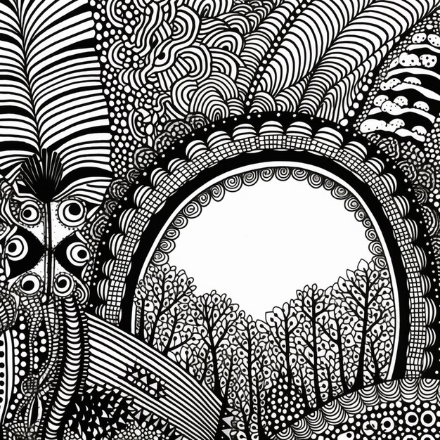 un dessin en noir et blanc d'un miroir circulaire entouré d'arbres génératifs ai