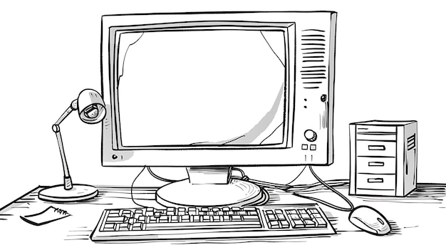 Photo un dessin en noir et blanc d'un moniteur d'ordinateur et d'un clavier