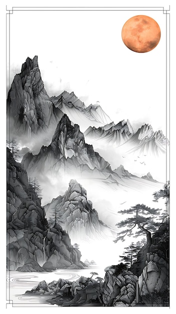 un dessin en noir et blanc d'une montagne avec un arbre au milieu