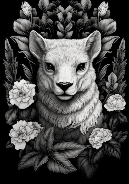 un dessin en noir et blanc d'un mouton entouré de fleurs ai générative