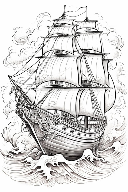Photo un dessin en noir et blanc d'un navire dans l'océan génératif ai