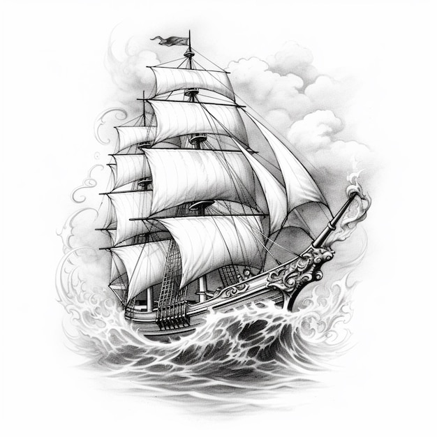 un dessin en noir et blanc d'un navire dans l'océan génératif ai
