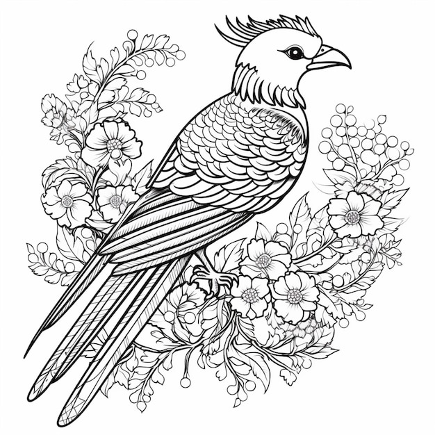 un dessin en noir et blanc d'un oiseau assis sur une branche de fleurs ai générative