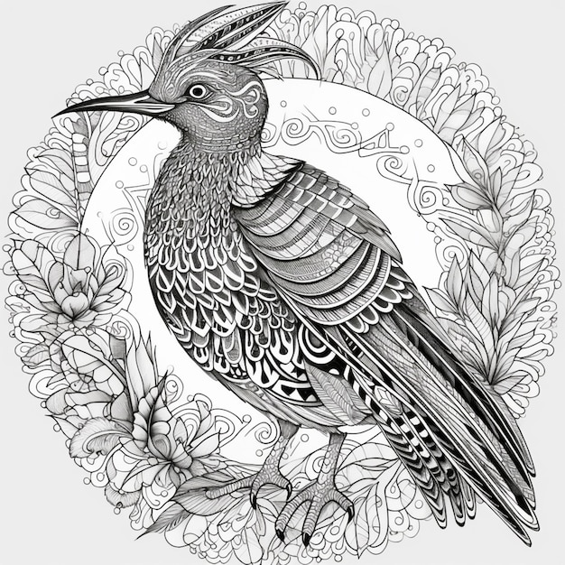 Un dessin en noir et blanc d'un oiseau avec une couronne de fleurs