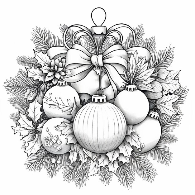 un dessin en noir et blanc d'ornements de noël et de feuilles de houx ai génératif