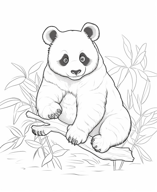 Un dessin noir et blanc d'un panda assis sur une branche générative ai