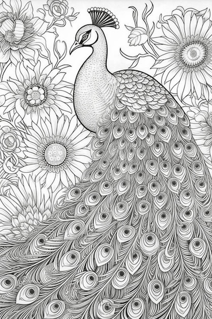 un dessin en noir et blanc d'un paon entouré de fleurs ai générative