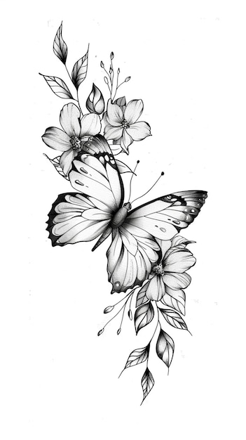 Photo un dessin en noir et blanc d'un papillon avec des fleurs