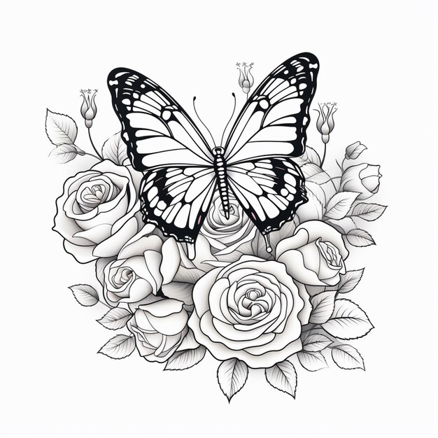 un dessin en noir et blanc d'un papillon et de roses ai générative