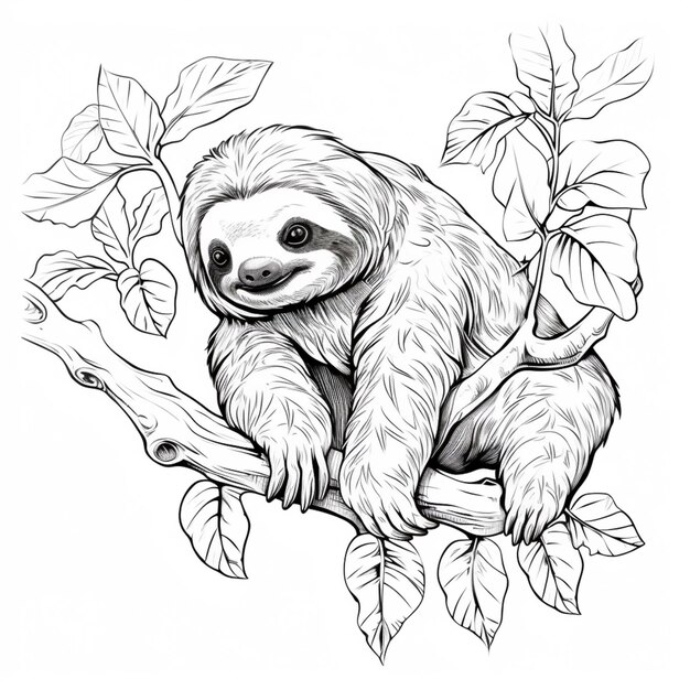 Photo un dessin en noir et blanc d'un paresseux assis sur une branche générative ai