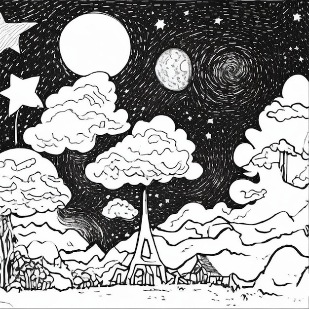 Photo un dessin en noir et blanc d'un paysage avec un arbre et la lune dans un livre de coloriage de contour