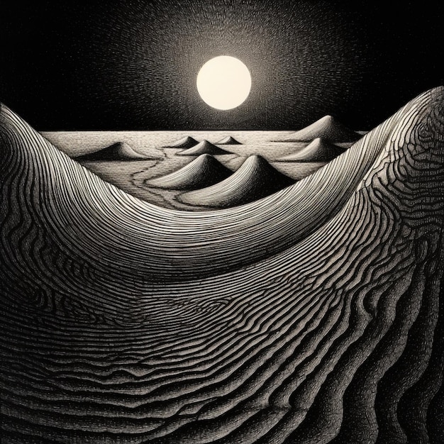 Un dessin en noir et blanc d'un paysage désertique avec une pleine lune ai générative