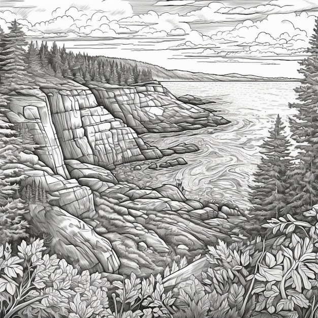 Un dessin en noir et blanc d'un paysage avec une falaise et des arbres.