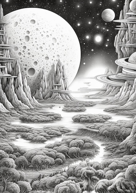 Photo un dessin en noir et blanc d'un paysage avec une lune et des planètes
