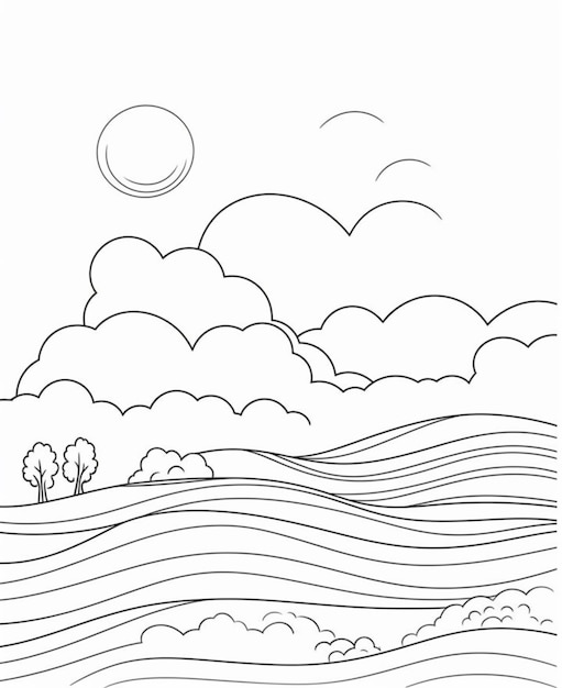 un dessin en noir et blanc d'un paysage avec des nuages et des arbres ai générative