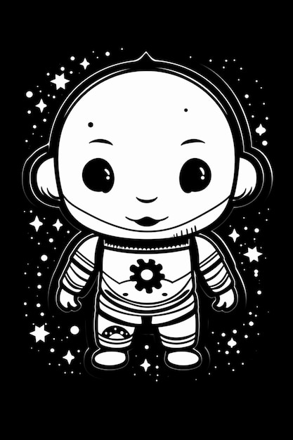 un dessin en noir et blanc d'un petit robot avec des étoiles ai générative