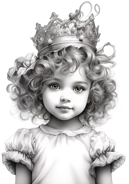 un dessin en noir et blanc d'une petite fille avec une couronne sur la tête