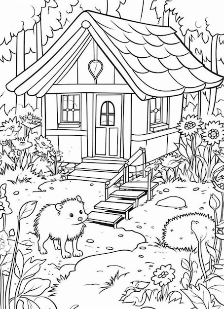 un dessin en noir et blanc d'une petite maison dans les bois générative ai
