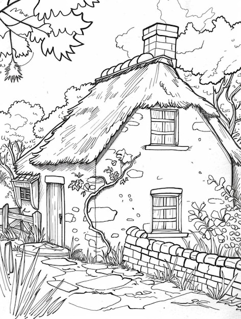 un dessin en noir et blanc d'une petite maison avec un toit de chaume génératif ai