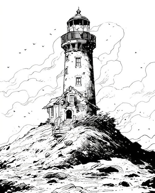 Photo un dessin noir et blanc d'un phare sur une colline