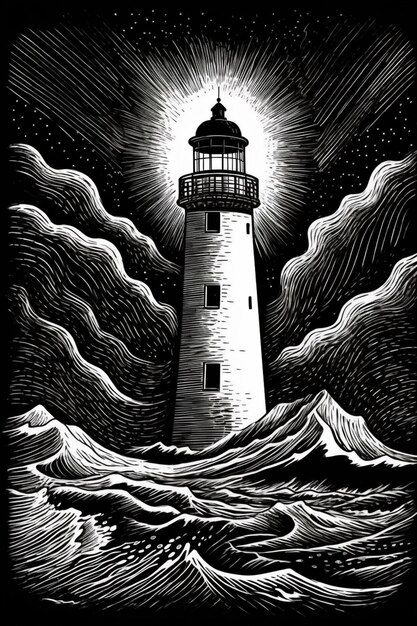 un dessin en noir et blanc d'un phare dans l'océan génératif ai