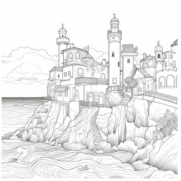 un dessin en noir et blanc d'un phare sur une rive rocheuse