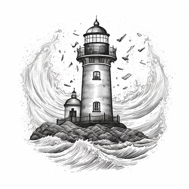 Un dessin en noir et blanc d'un phare sur une rive rocheuse