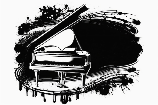 Photo dessin en noir et blanc d'un piano à queue ia générative