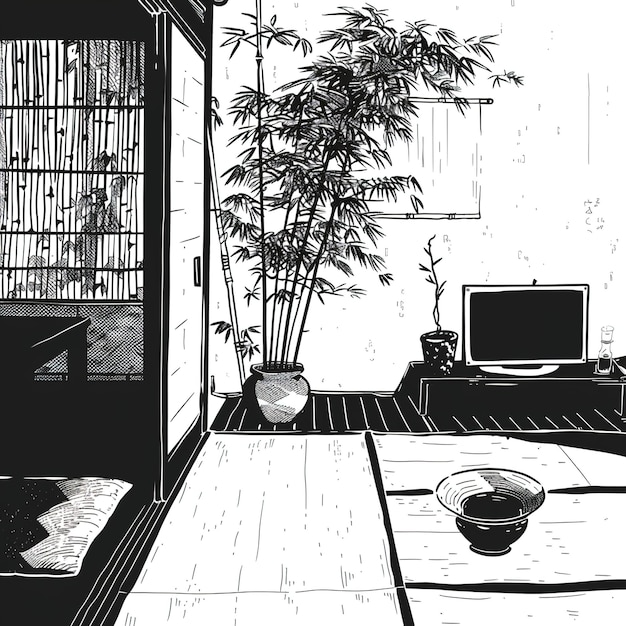 un dessin en noir et blanc d'une pièce avec une télévision et un vase avec une plante dessus