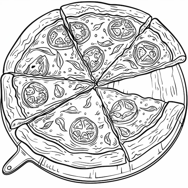 un dessin en noir et blanc d'une pizza avec une image d'un citron dessus