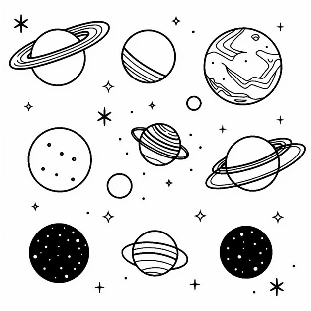 un dessin en noir et blanc de planètes et d'étoiles ai générative