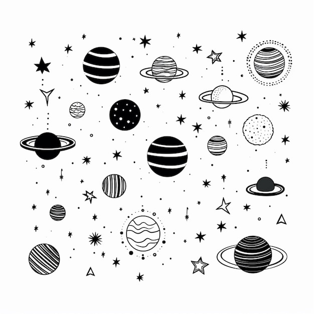 un dessin en noir et blanc de planètes et d'étoiles ai générative