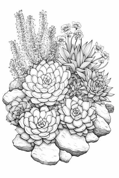 Un dessin en noir et blanc d'une plante succulente.