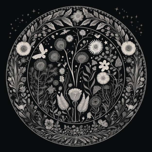 un dessin en noir et blanc d'une plaque circulaire avec des fleurs et des papillons