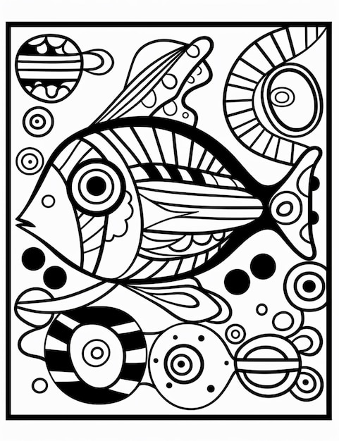 un dessin en noir et blanc d'un poisson avec des tourbillons et des cercles IA générative