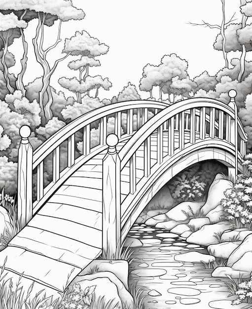 Un dessin en noir et blanc d'un pont sur un ruisseau génératif ai