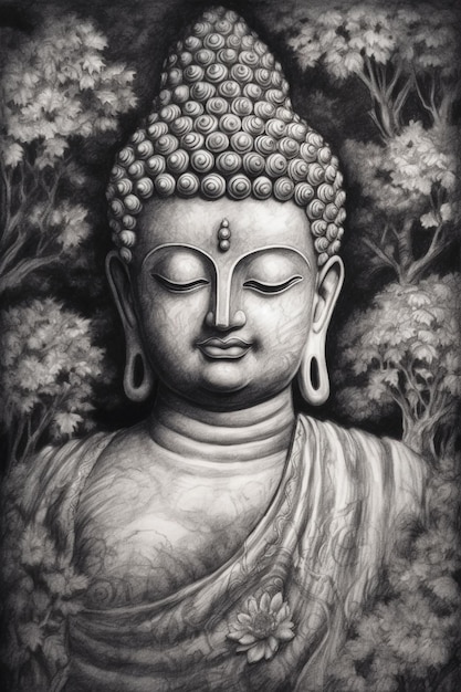 Un dessin en noir et blanc d'un portrait de bouddha