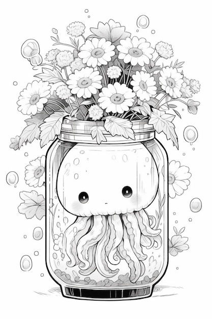 Un dessin en noir et blanc d'un pot avec des fleurs dedans générative ai