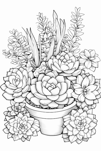 Un dessin en noir et blanc d'un pot de fleurs avec des plantes succulentes et des feuilles.