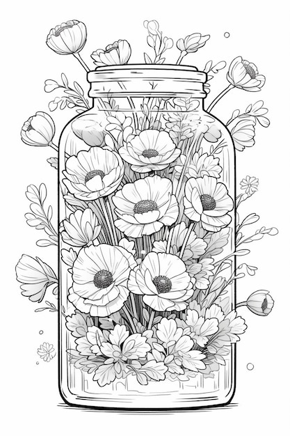 Un dessin noir et blanc d'un pot rempli de fleurs générative ai