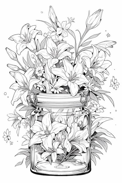 Photo un dessin noir et blanc d'un pot rempli de fleurs générative ai