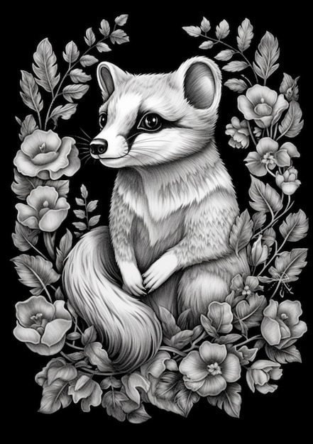 un dessin en noir et blanc d'un renard entouré de fleurs ai générative