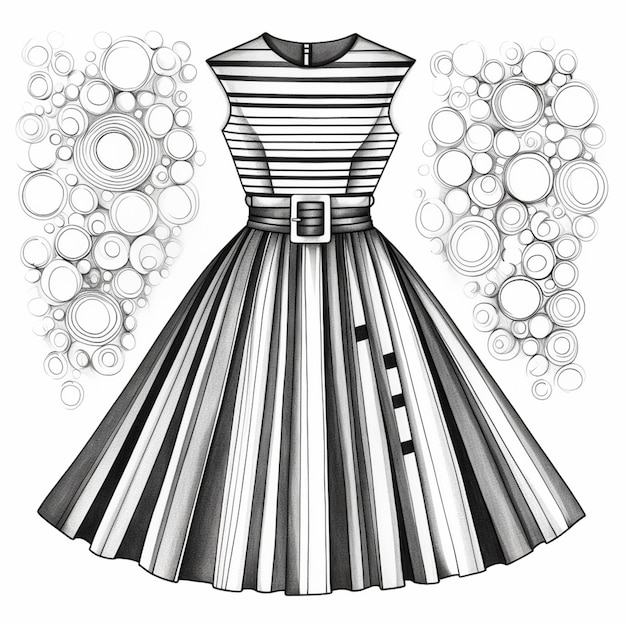 un dessin en noir et blanc d'une robe avec une ceinture IA générative