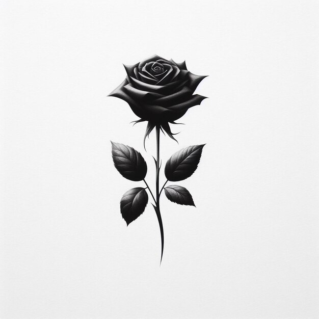 un dessin en noir et blanc d'une rose avec des feuilles